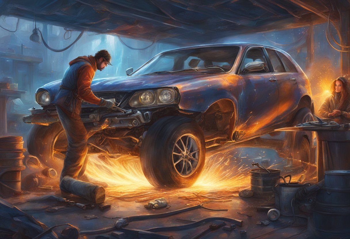 A mechanic welds a damaged subframe on a car, sparks flying as they work under the vehicle. Tools and safety gear are scattered nearby