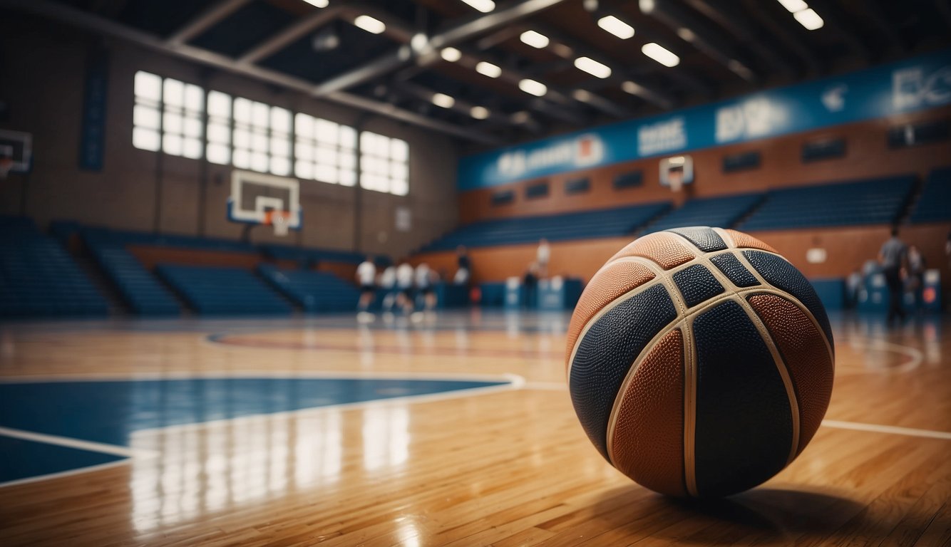 A basketball court with hoops, lines, and a scoreboard. Players, jerseys, and a basketball are also needed