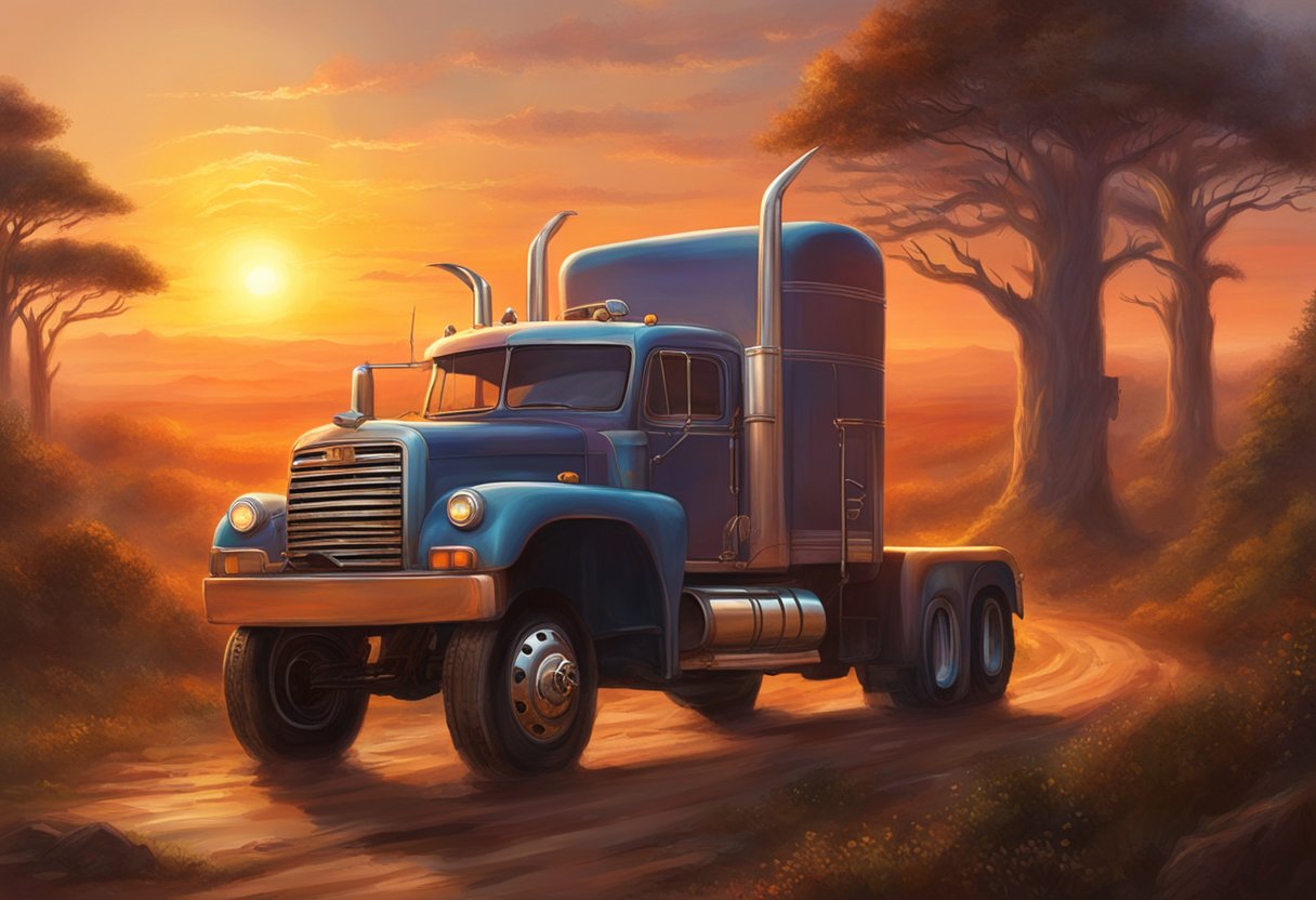 A truck with torsion key lifts parked on a dirt road, surrounded by rugged terrain and tall trees, with the sun setting in the background