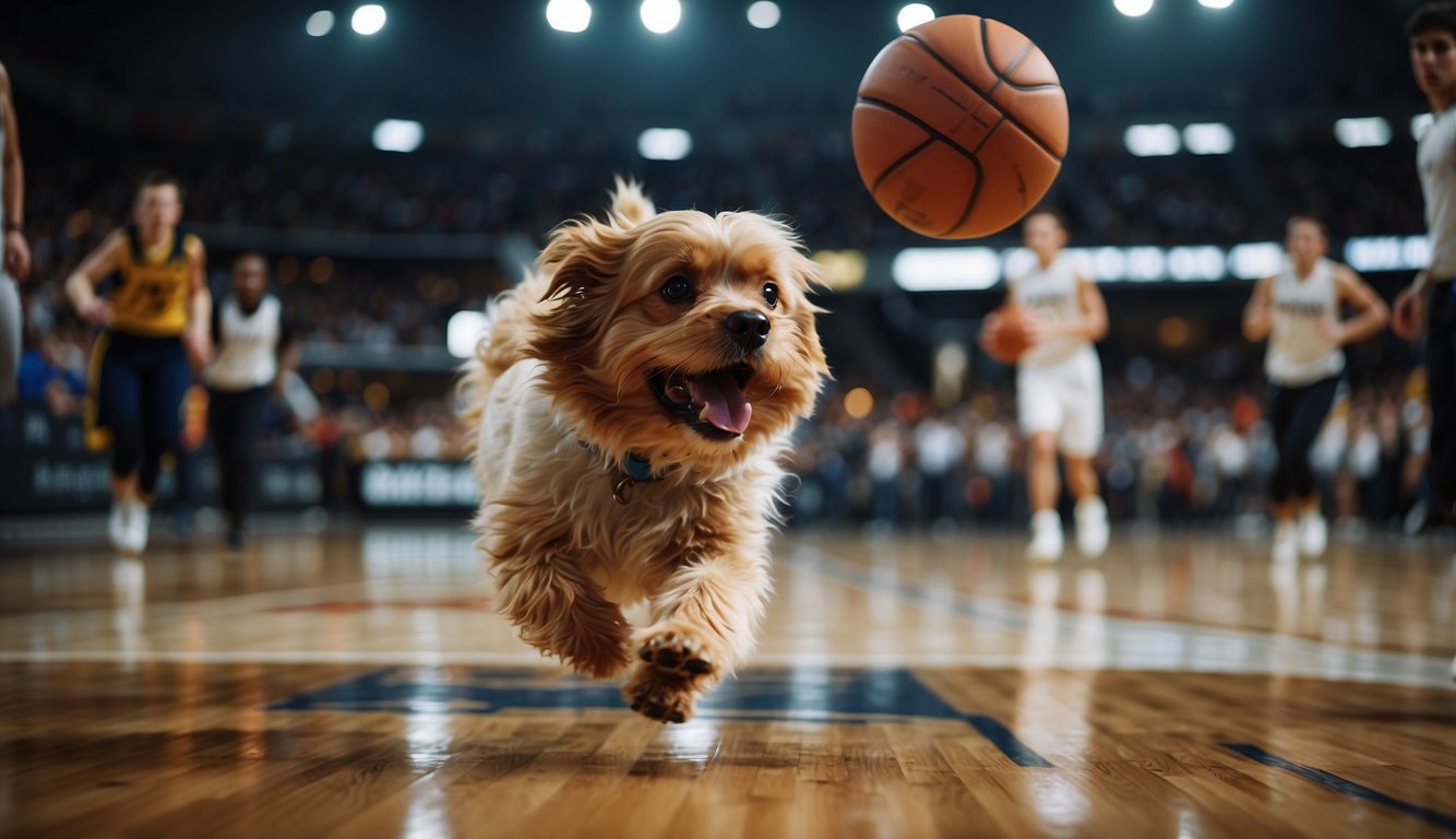 A basketball bouncing on the court, while a dog eagerly chases after it with excitement and determination