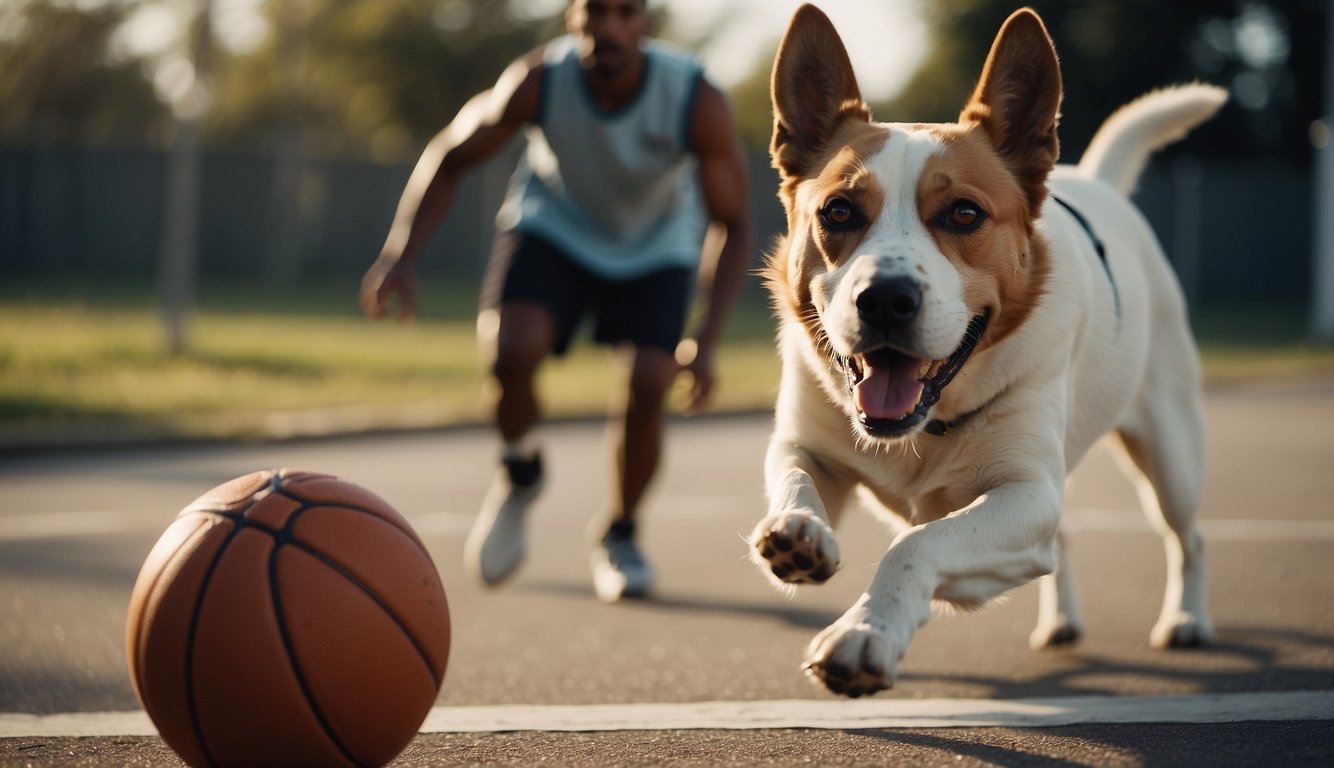 A basketball player dribbles a ball while a dog chases after a toy. The player is tall and agile, while the dog is fast and agile on all fours