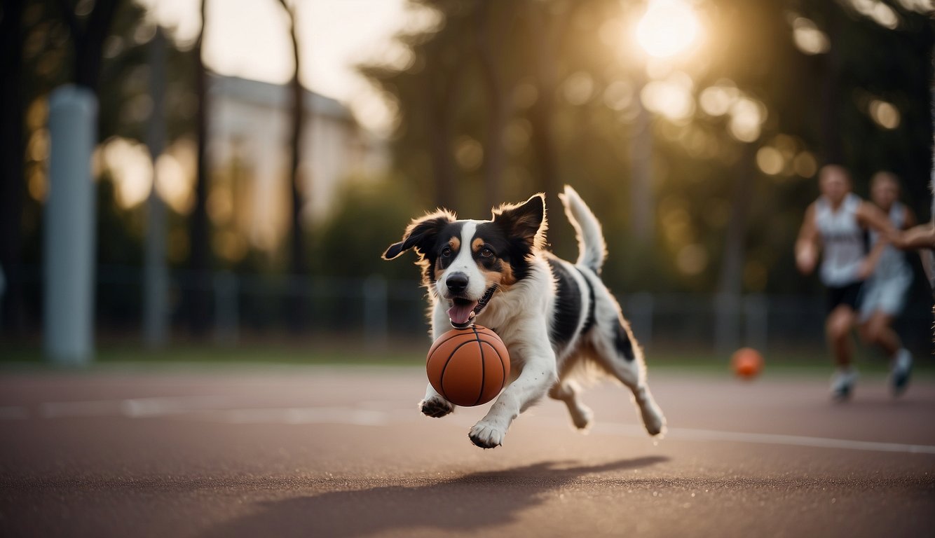 A basketball player dribbles a ball while a dog chases after a toy