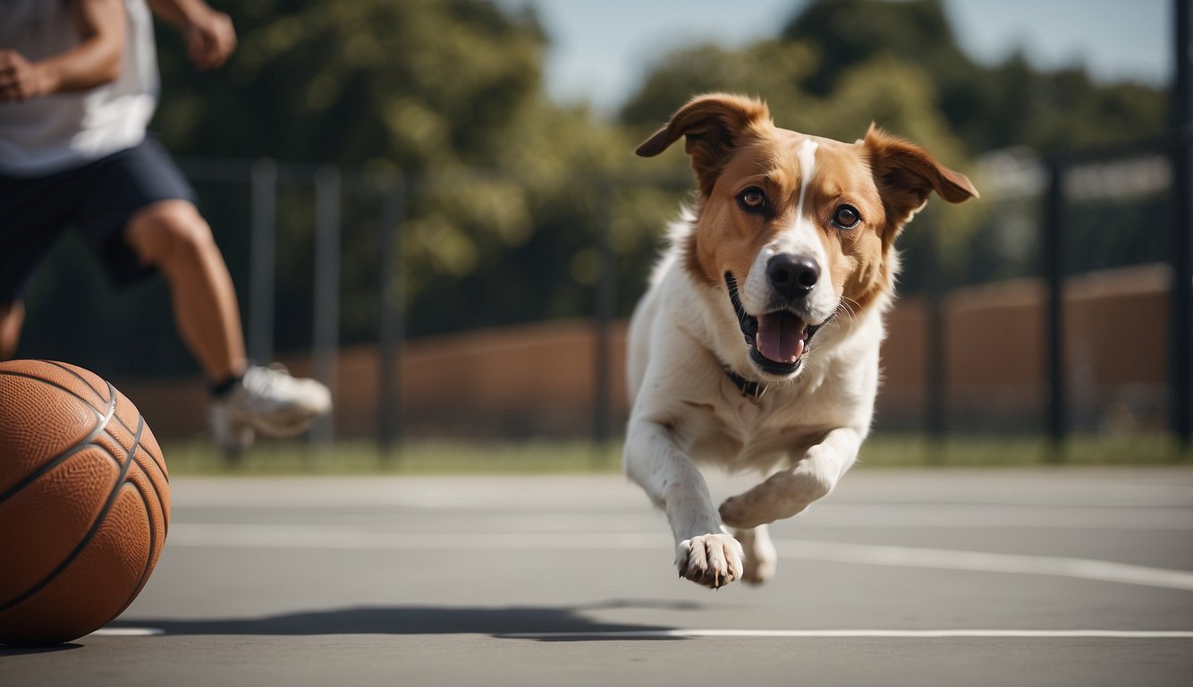 A basketball bouncing on the court, while a dog eagerly chases after it