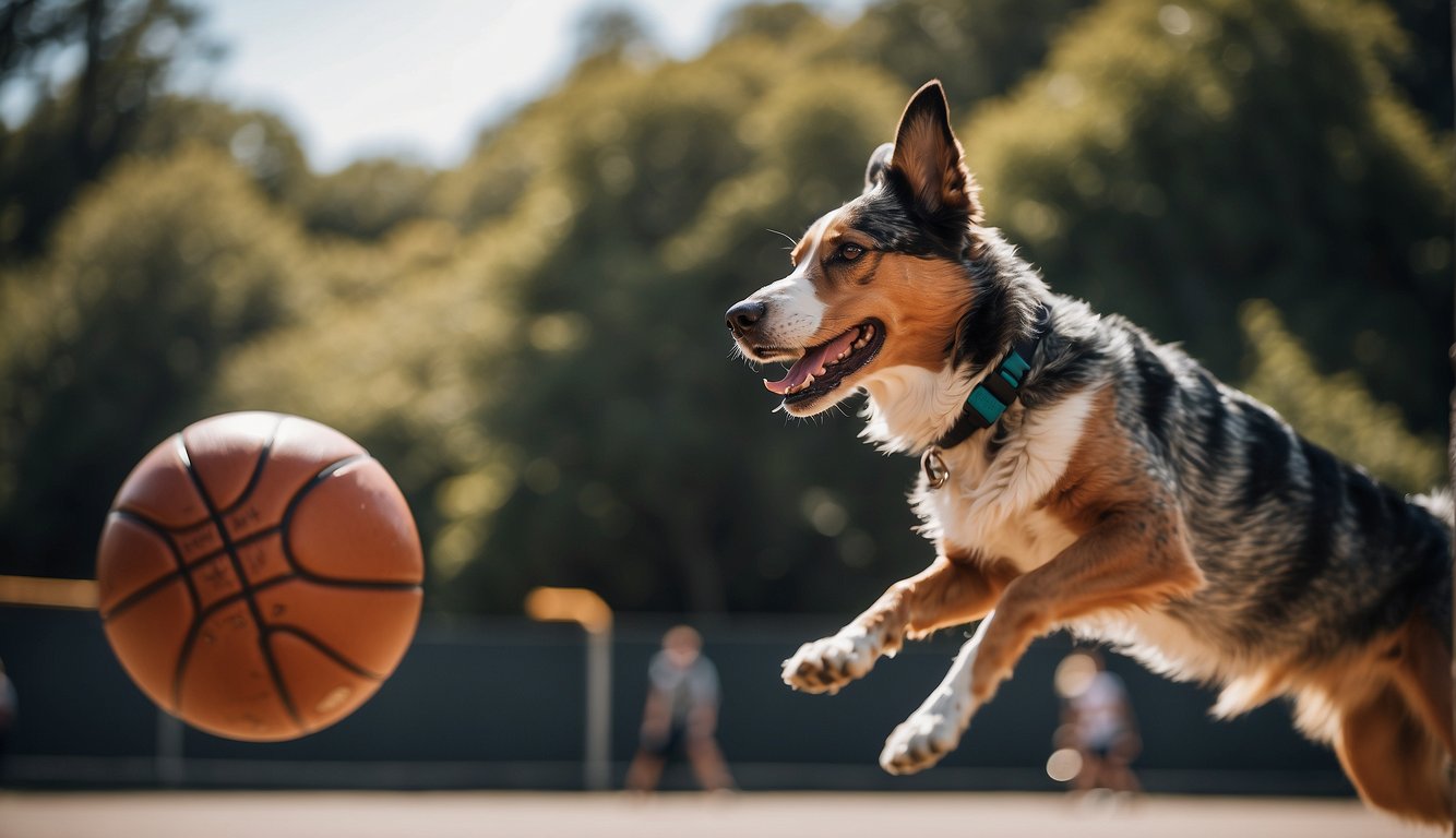 A basketball bouncing on the court, while a dog excitedly chases after it, illustrating the difference between a player and a dog's interaction with the game