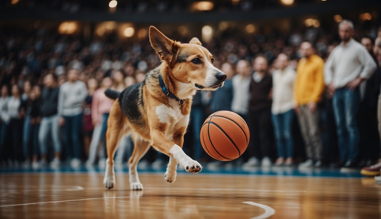 A basketball court with a dog standing on its hind legs, dribbling a basketball with its paws, while a crowd of people watches in amazement