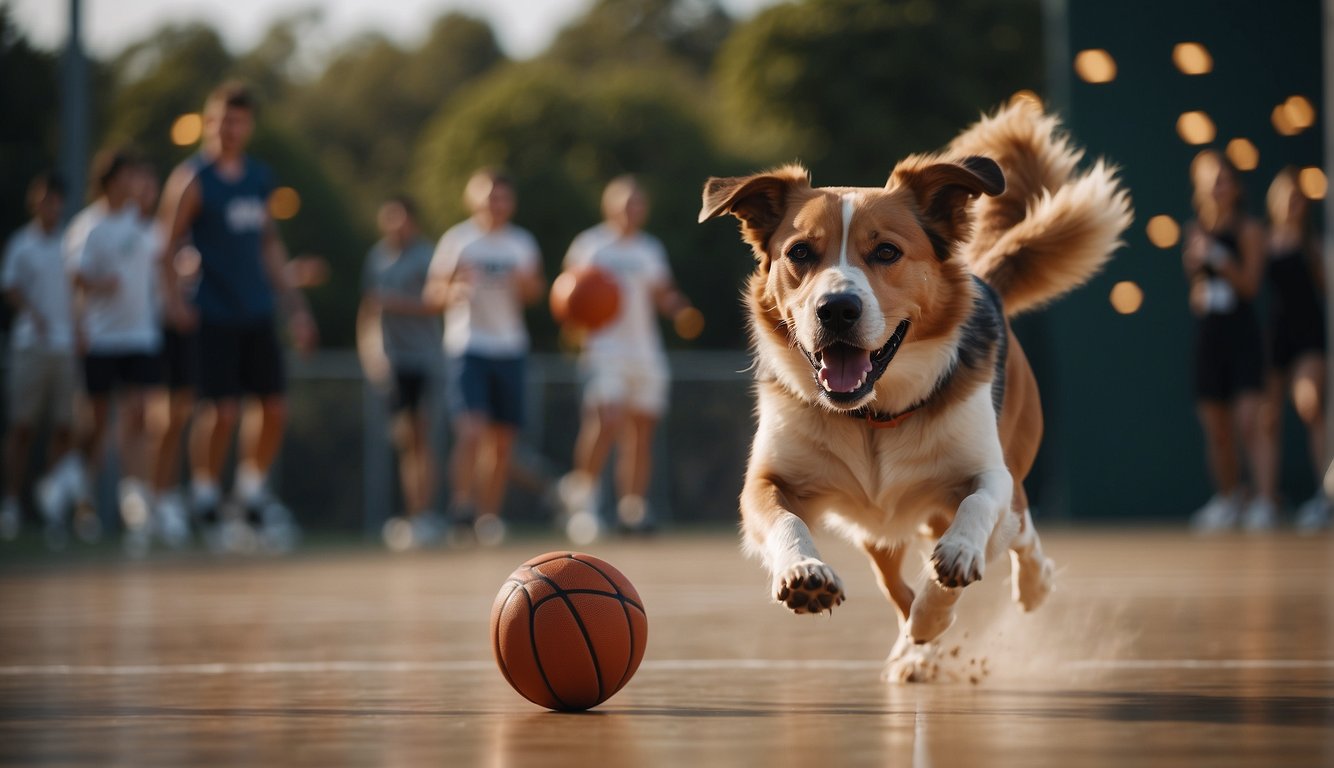 A basketball bouncing on the court, a dog chasing after it with excitement and anticipation