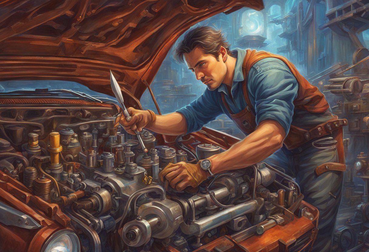 A mechanic uses a wrench to adjust a stuck rocker arm actuator system in a car engine, surrounded by various tools and parts
