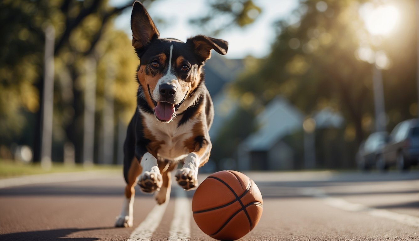 A basketball player dribbling a ball, while a dog chases after a toy