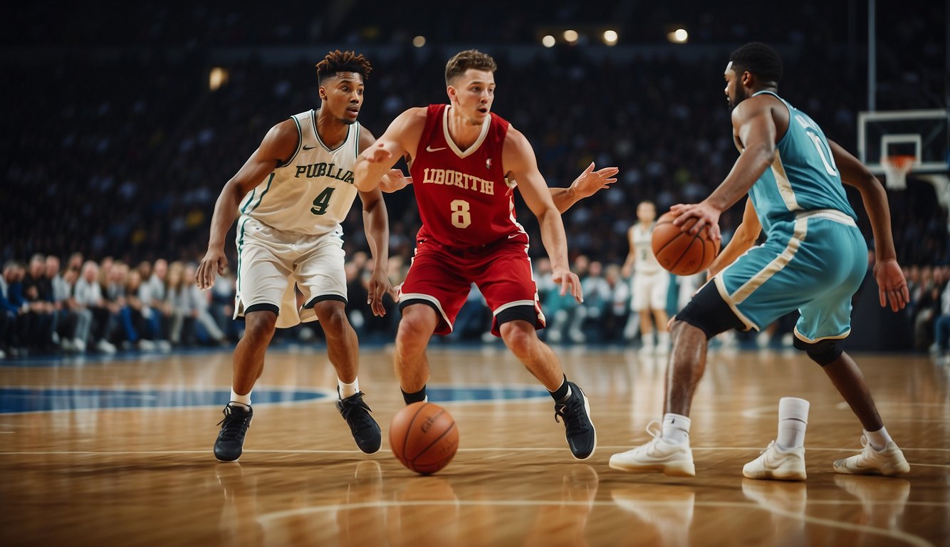 Players dribbling, passing, shooting, and defending on a basketball court