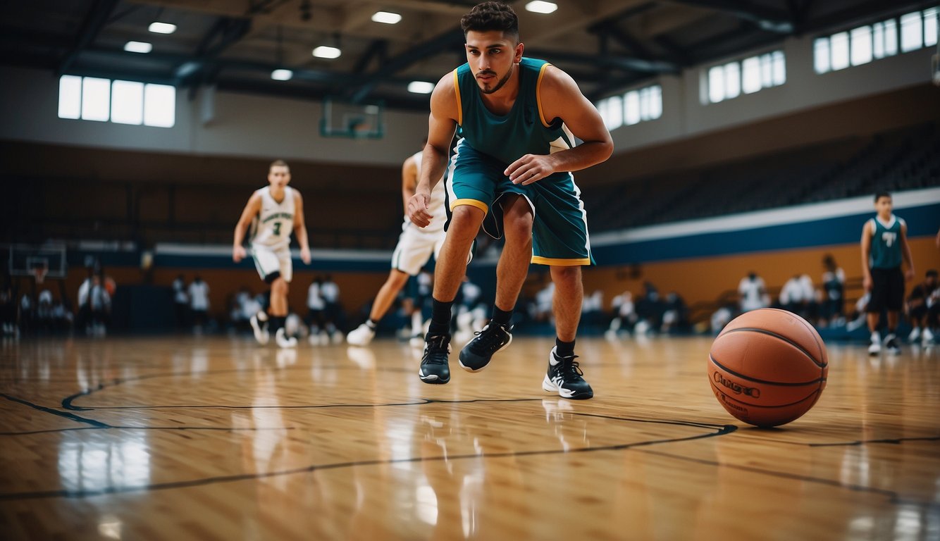 A basketball court with a focus on dribbling, shooting, and defensive footwork. Players practicing and coaches instructing