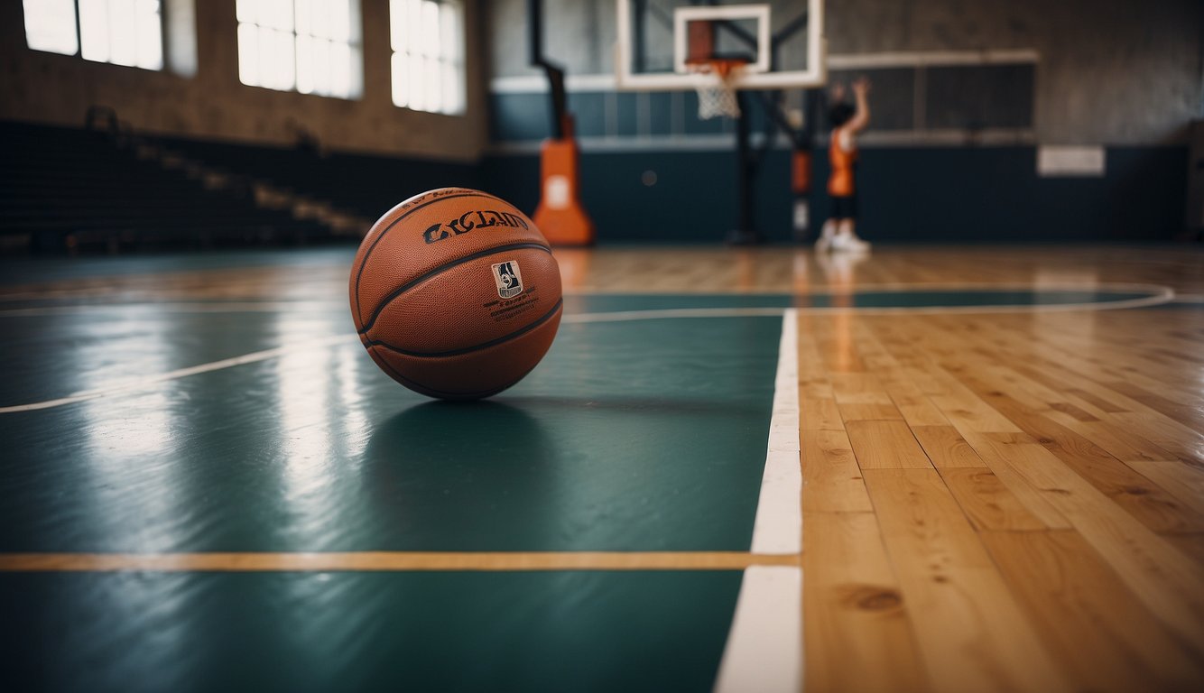 A basketball court with hoops, balls, and gear. Focus on essential skills like shooting, dribbling, and defense