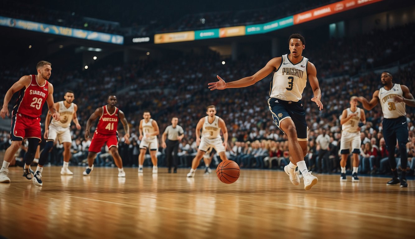 Players dribbling, passing, and shooting on a vibrant court with cheering fans in the background. Emphasize teamwork and skill