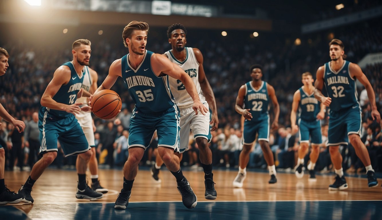 Players dribbling, shooting, and passing on a basketball court. Defensive skills and teamwork are crucial. Crowd cheering in the background