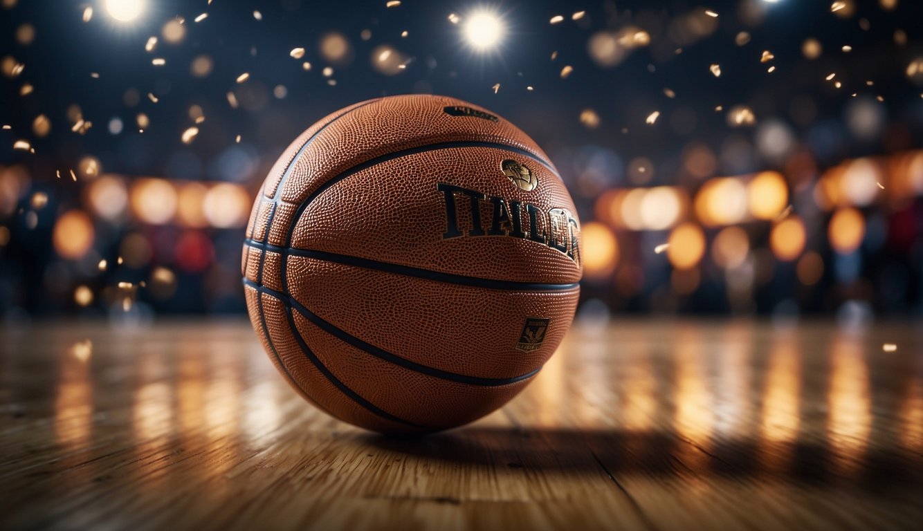 A basketball soaring through the air, surrounded by images of players dribbling, shooting, and passing. A timeline of basketball's evolution in the background