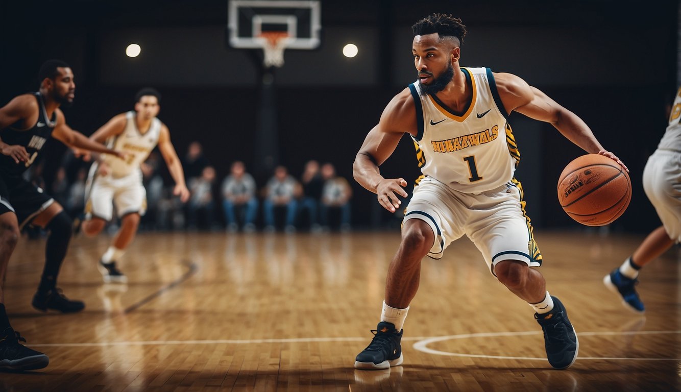 A basketball player dribbling past defenders towards the hoop, showcasing agility, ball-handling, and scoring abilities