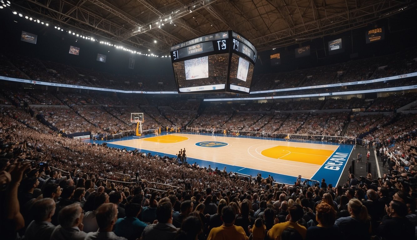 A packed basketball arena with towering stands and a massive court, showcasing the grandeur of the largest basketball arena