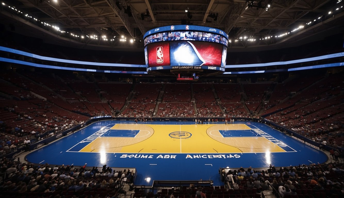 The scene shows the profiles of notable NBA teams with their home arenas in the background. The focus is on the size of the basketball arenas, with the largest one standing out prominently