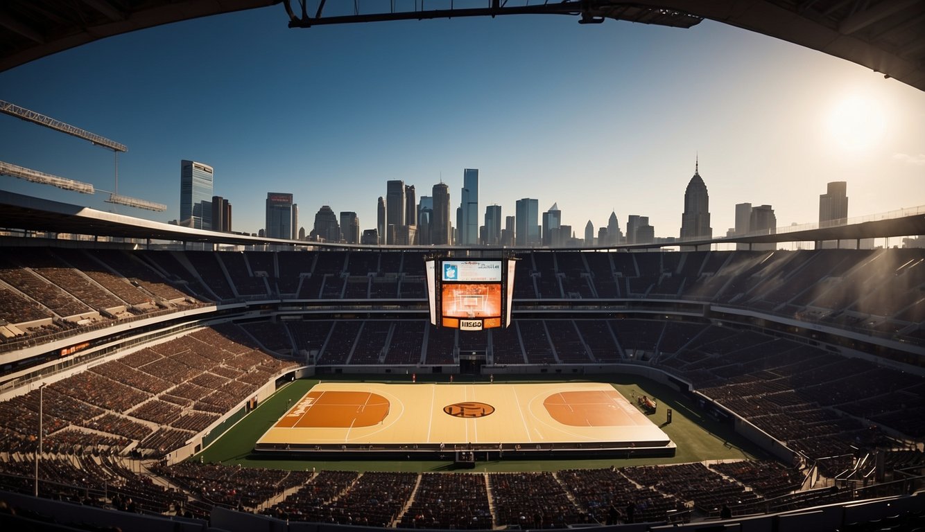 The massive basketball arena looms over the city skyline, its towering structure and sprawling seating capacity making it the largest in the world