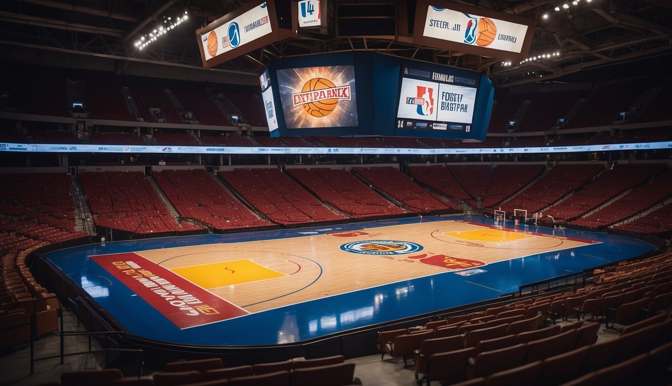 A basketball arena in Kansas City with stadium seating and a basketball court in the center, surrounded by team logos and banners