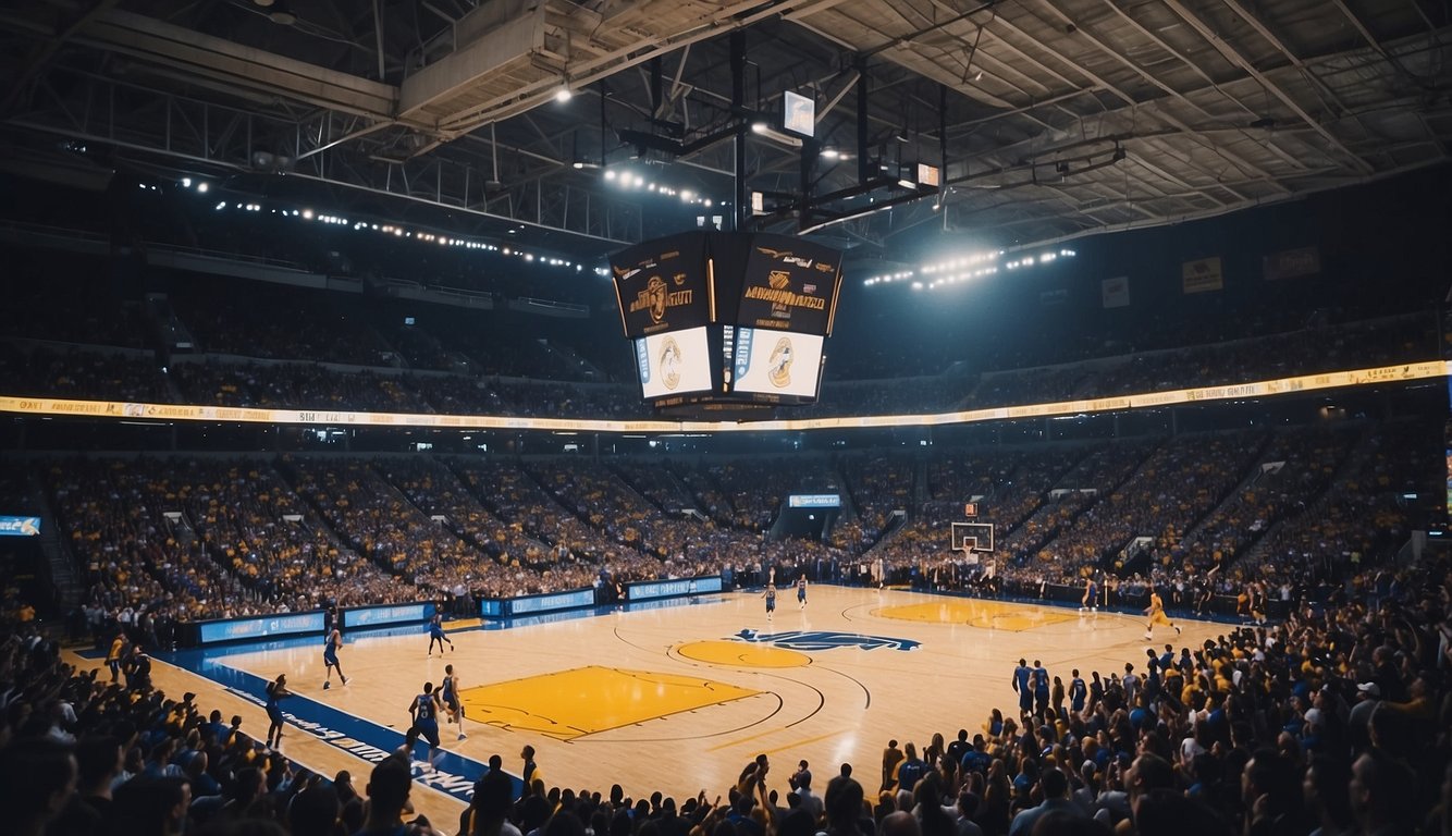 A bustling basketball arena in Kansas City, filled with cheering fans and vibrant team colors, as players dribble and shoot on the court