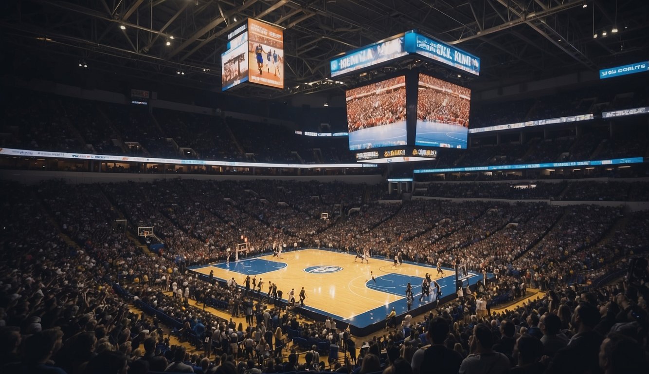 The basketball arena in Kansas City, known as the Arenas, is bustling with fans and players, the court is alive with energy and excitement