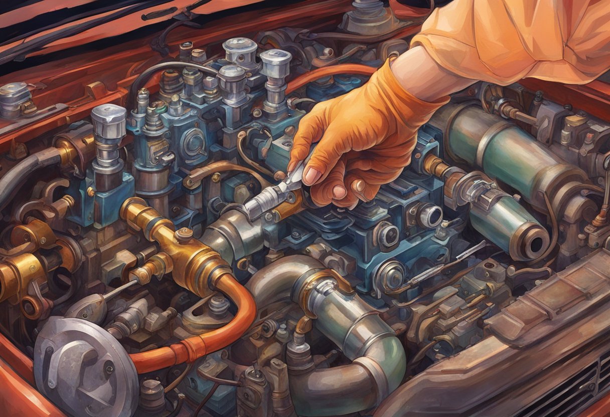 An ignition coil is being removed from a car engine, while a new one is being installed in its place. Tools and parts are scattered around the work area