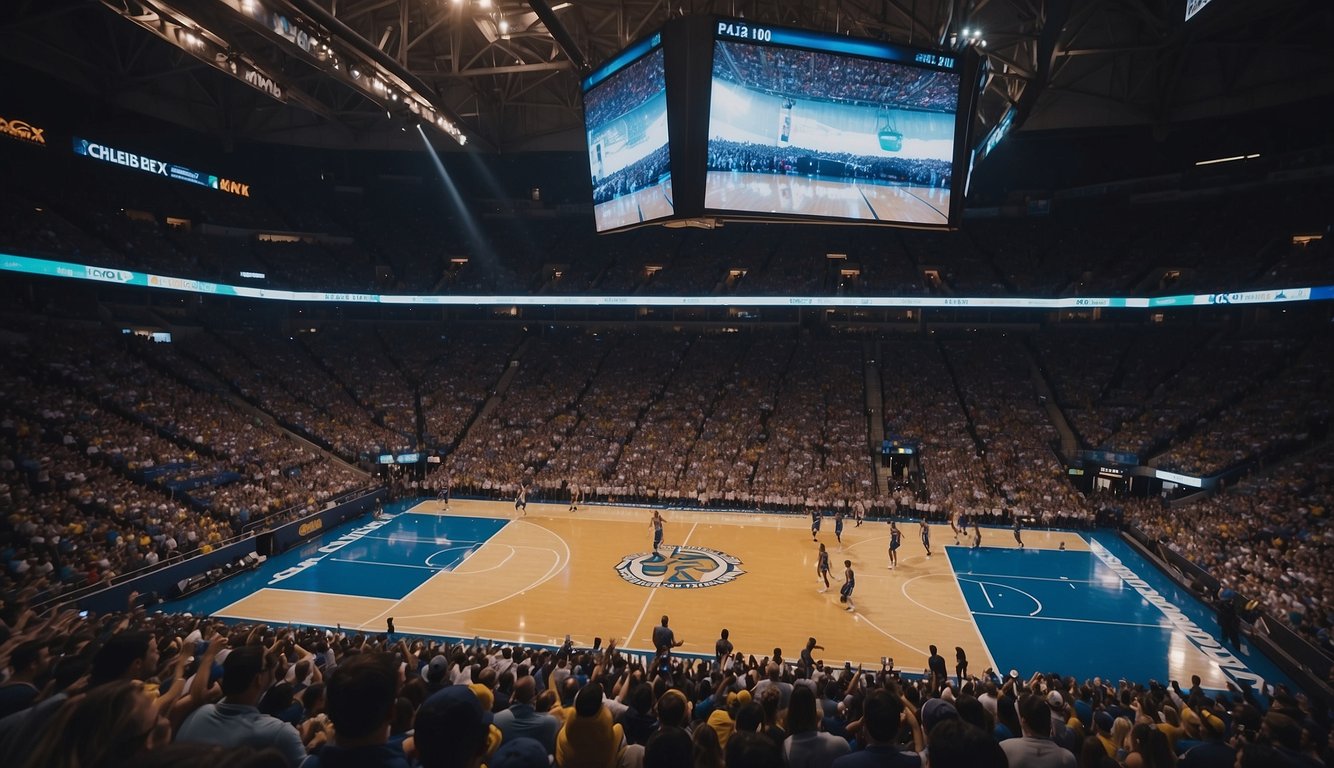 A basketball arena in Kansas City, with fans cheering, players dribbling, and the scoreboard lit up