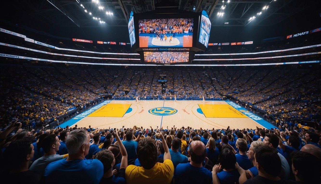 A bustling basketball arena in Kansas City, filled with cheering fans and vibrant team colors