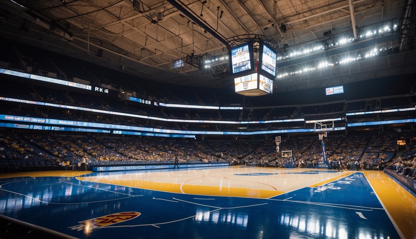 The basketball arena in Kansas City is a modern, sleek structure with a large court, surrounded by seating and state-of-the-art facilities