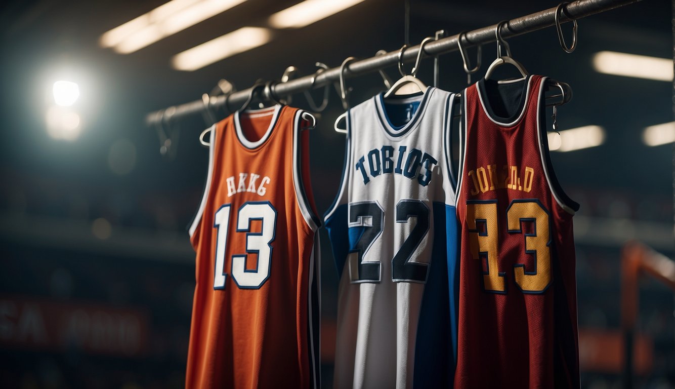 A basketball jersey hangs on a hook, with various numbers displayed on the back