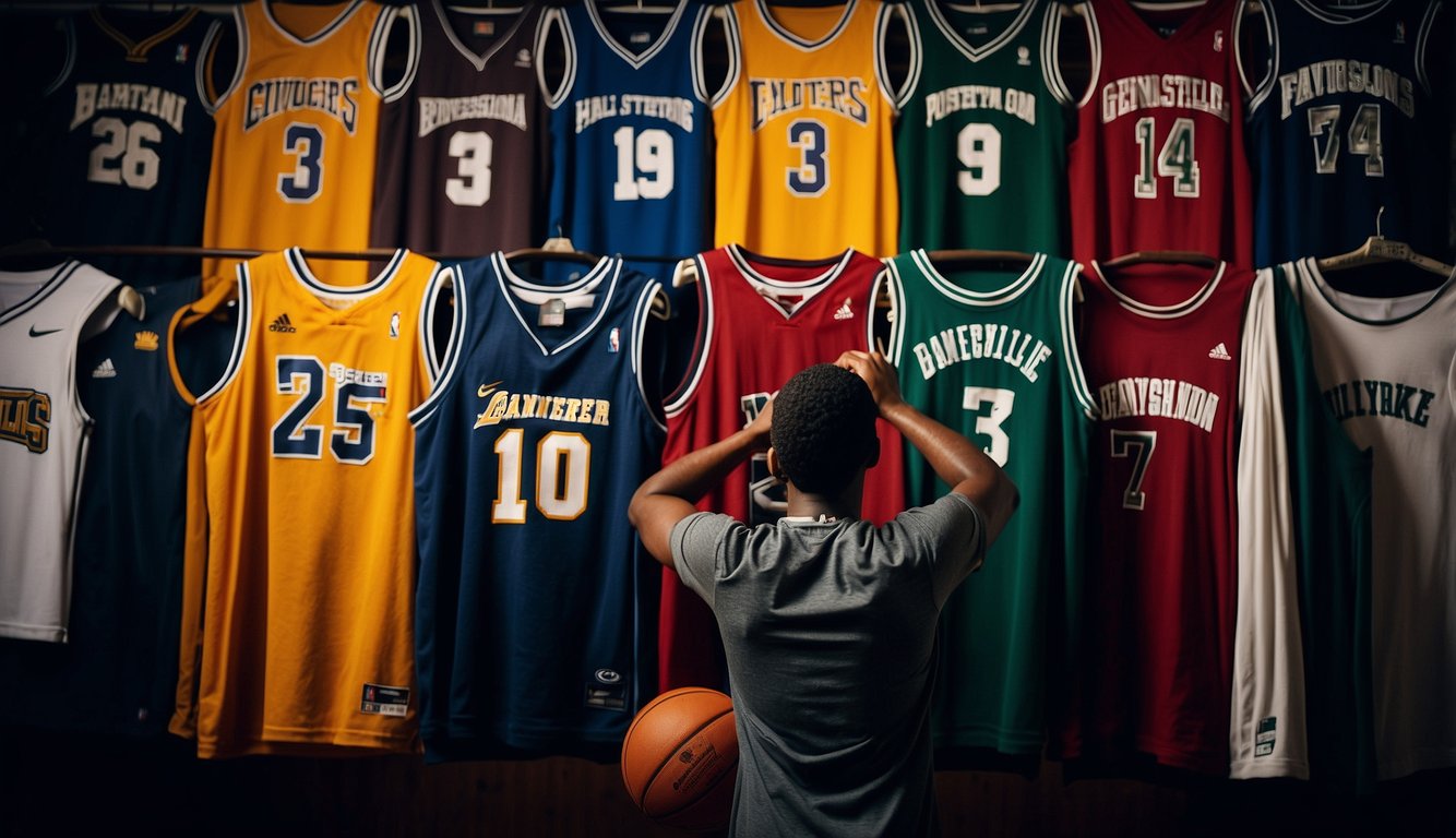 A basketball player stands in front of a row of neatly hung jerseys, contemplating which number to choose. The player's hand hovers over the fabric, ready to make a selection