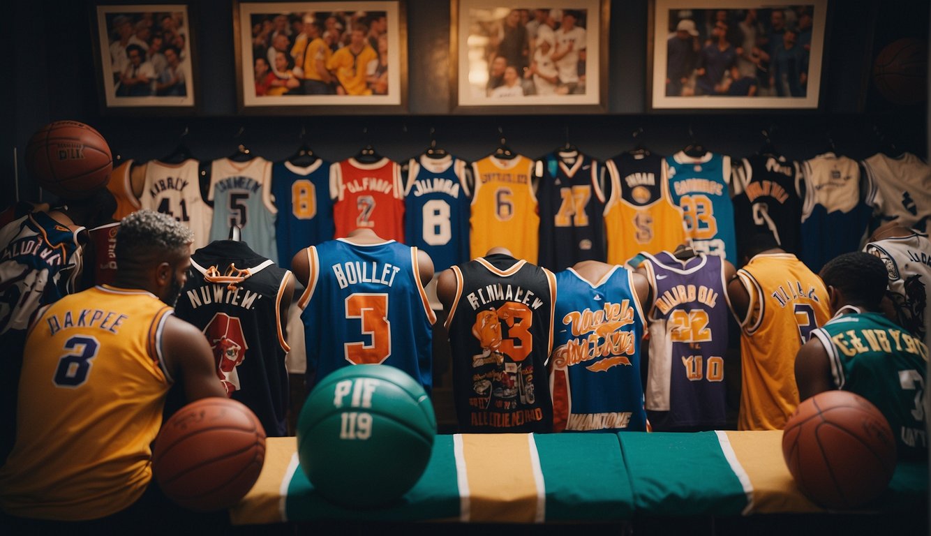 A group of fans debating and pointing at different basketball jersey numbers, surrounded by posters and memorabilia