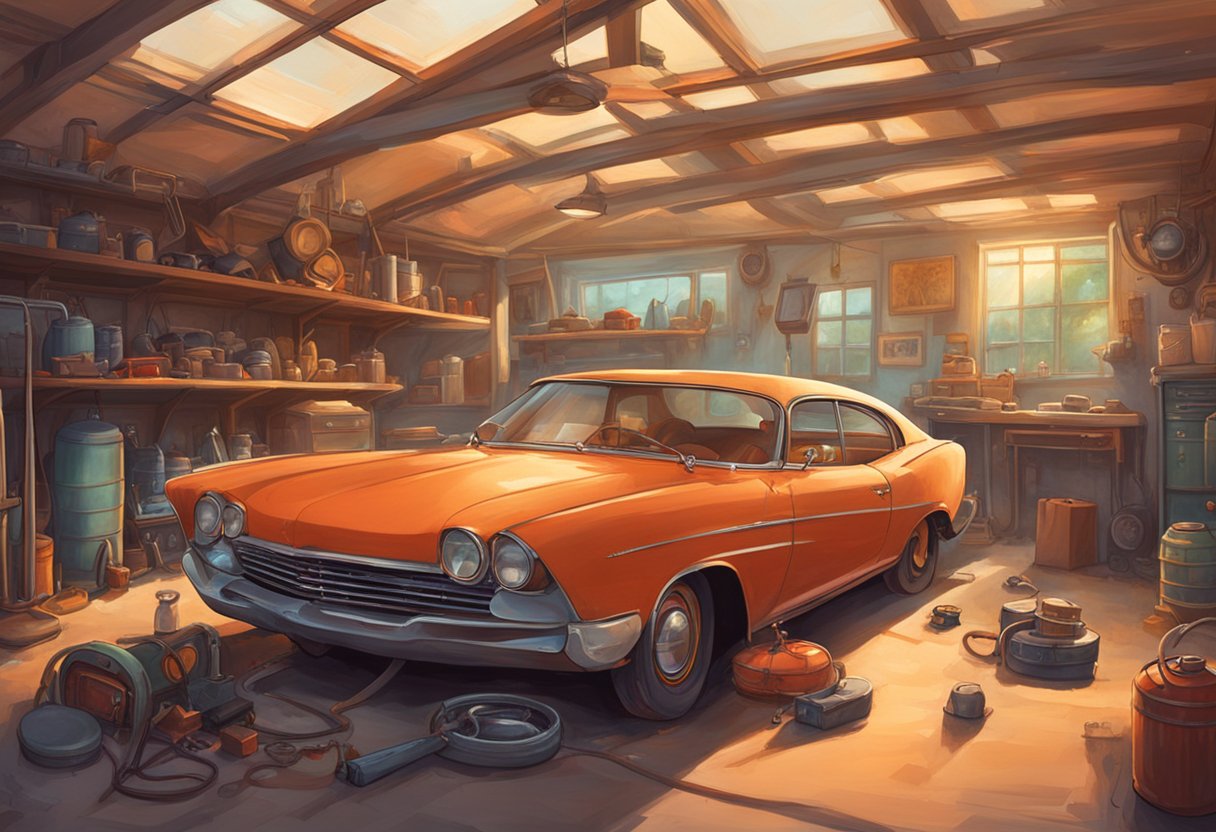 A car sits in a garage with a half-full gas tank. The garage is dimly lit, with tools and equipment scattered around. The car's hood is slightly ajar, and a faint smell of gasoline lingers in the air