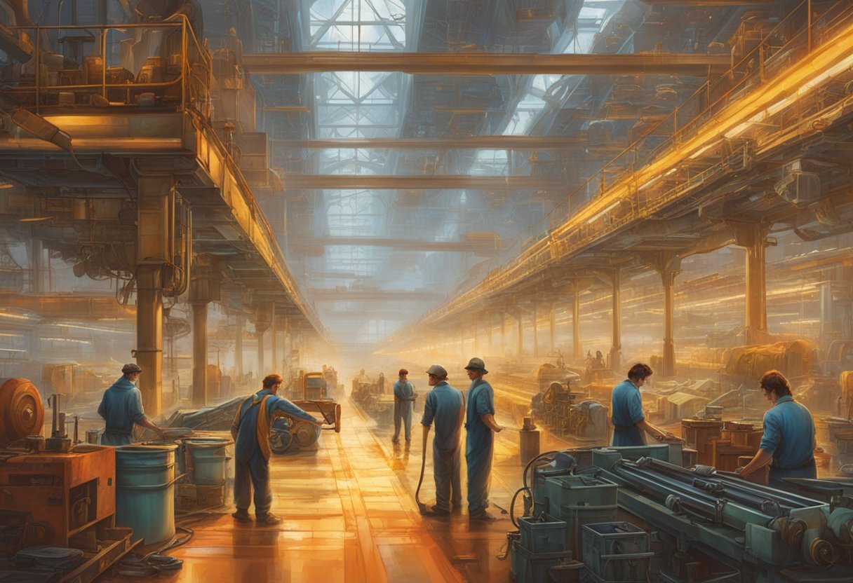 A factory floor with workers assembling RHD vehicles, machinery and tools in the background, and a conveyor belt transporting car parts
