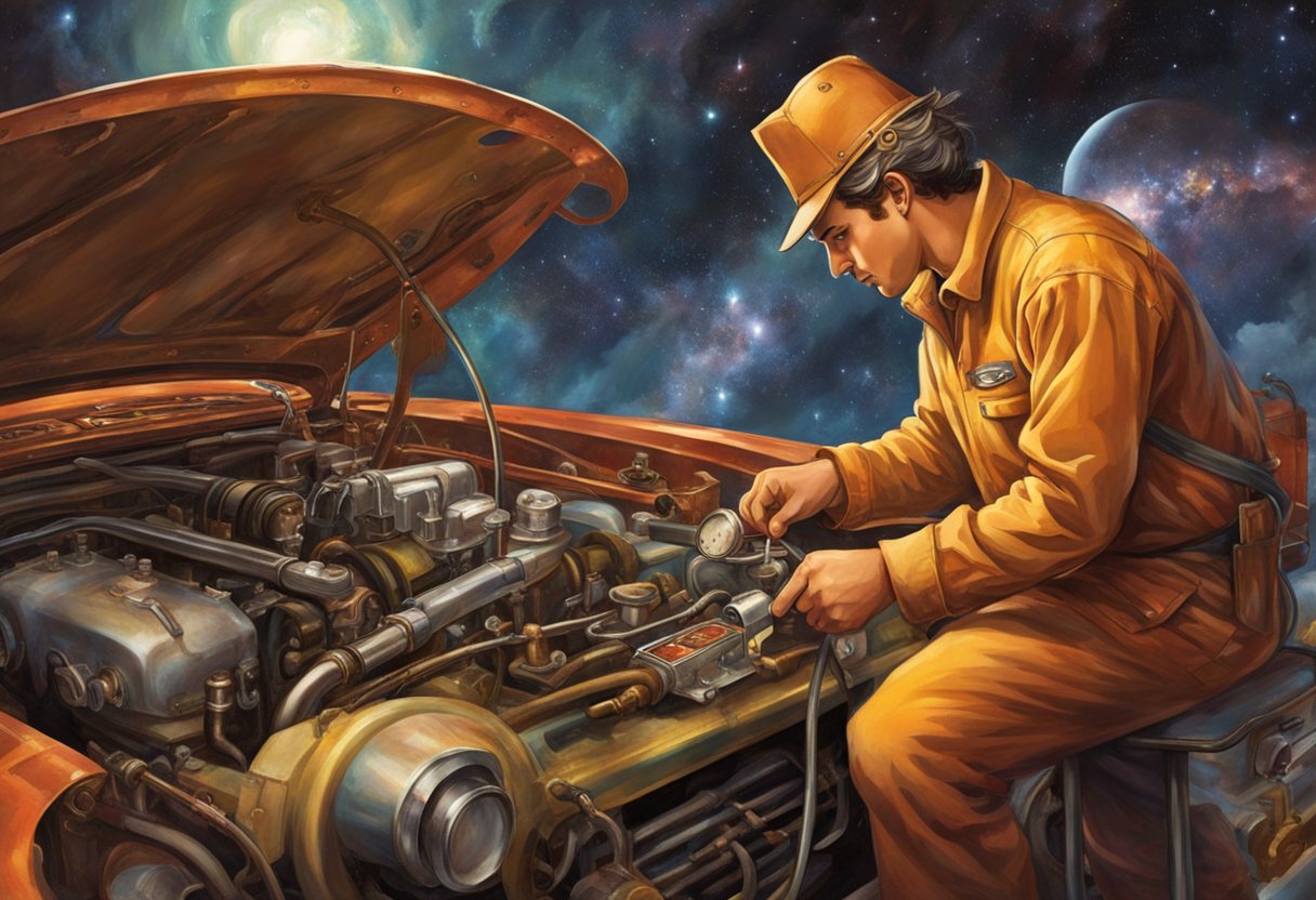 A mechanic checks the fuel rail system for pressure using a gauge and diagnostic tool. The engine compartment is open, with various components visible