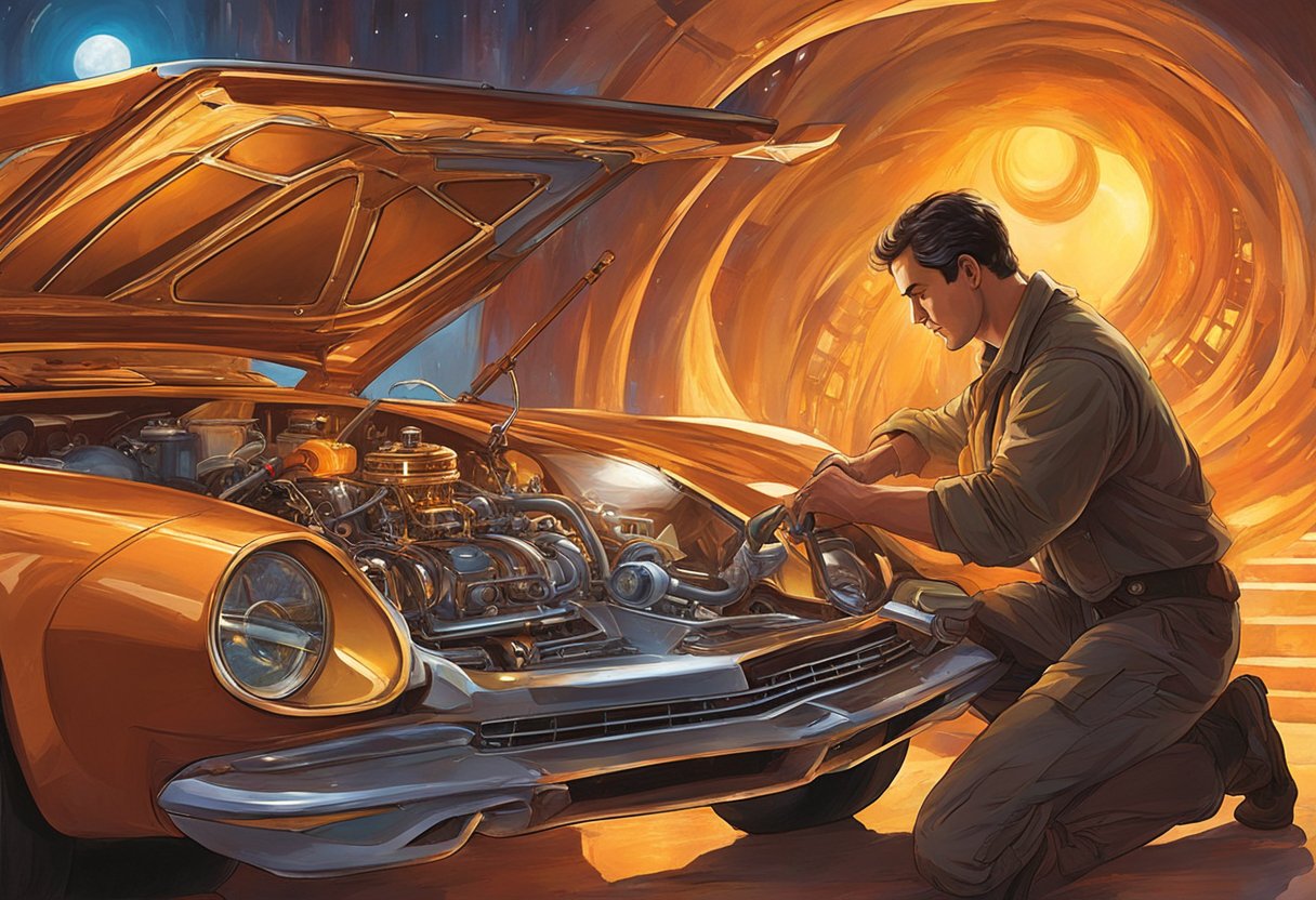 The car's engine light flashes as low fuel rail pressure causes sputtering. A mechanic inspects the fuel system for the P0087 code