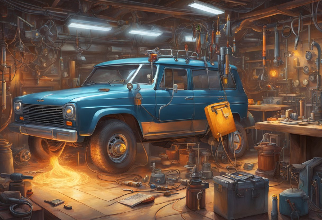 A mechanic follows a step-by-step repair guide to address a high voltage issue in the HO2S heater control circuit. Tools and diagnostic equipment are laid out on a workbench next to the vehicle