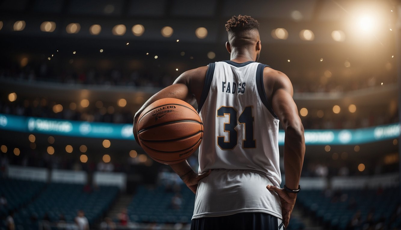 A basketball player stands in front of a checklist. Items include sneakers, water bottle, jersey, shorts, and a basketball