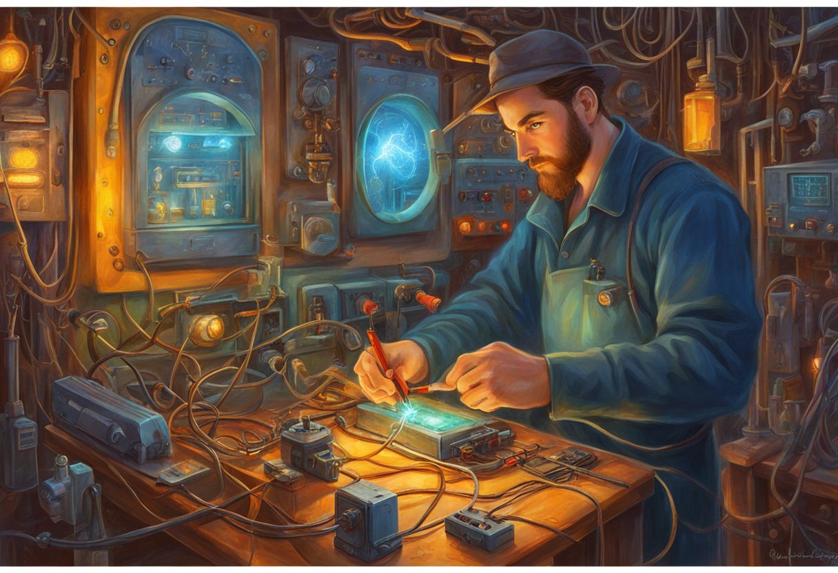 A mechanic checks the high voltage in the HO2S heater control circuit using a multimeter and diagnostic tools