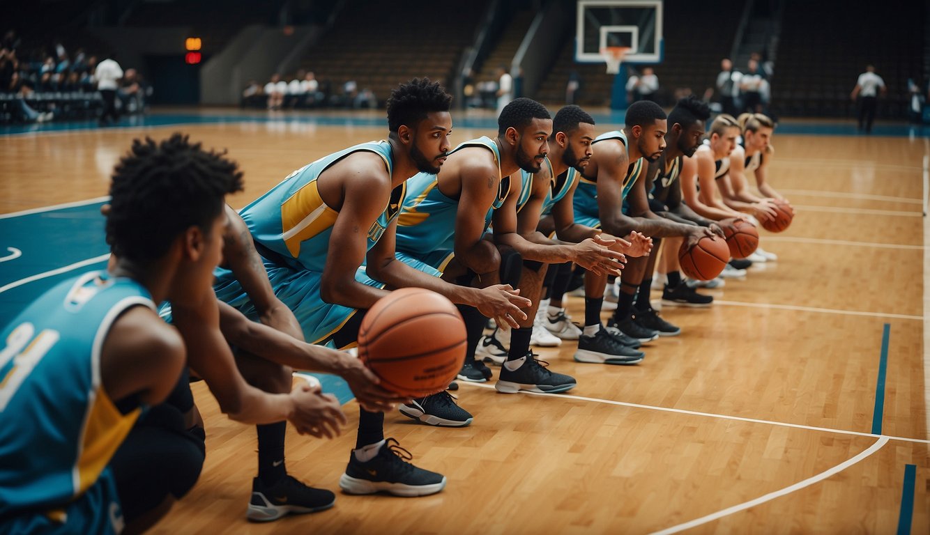 A basketball court with a row of players lined up, dribbling and shooting, while a coach watches and takes notes