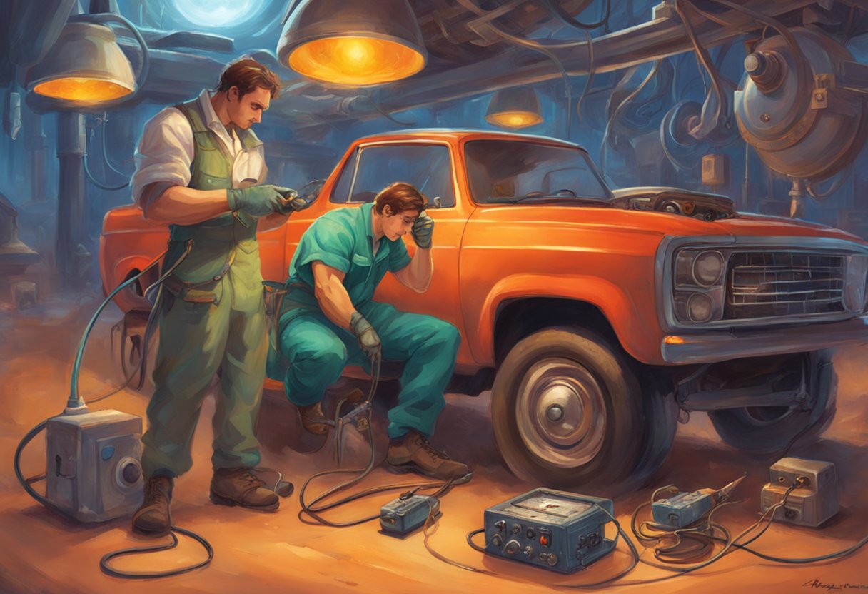 A mechanic holds a multimeter near a car's oxygen sensor. The sensor is connected to wires, and the mechanic is focused on diagnosing the low voltage issue