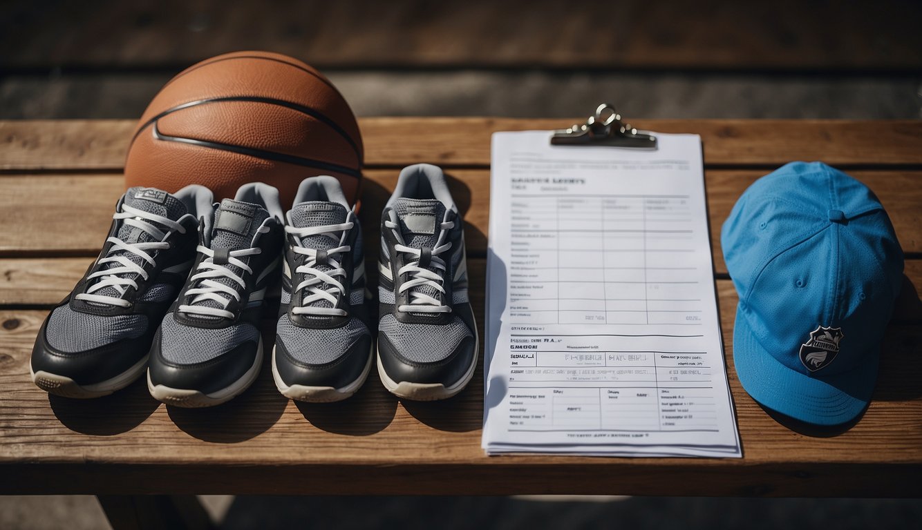 Basketball gear laid out on a bench: sneakers, jersey, shorts, and a water bottle. A coach's clipboard with a tryout schedule and a list of required documents