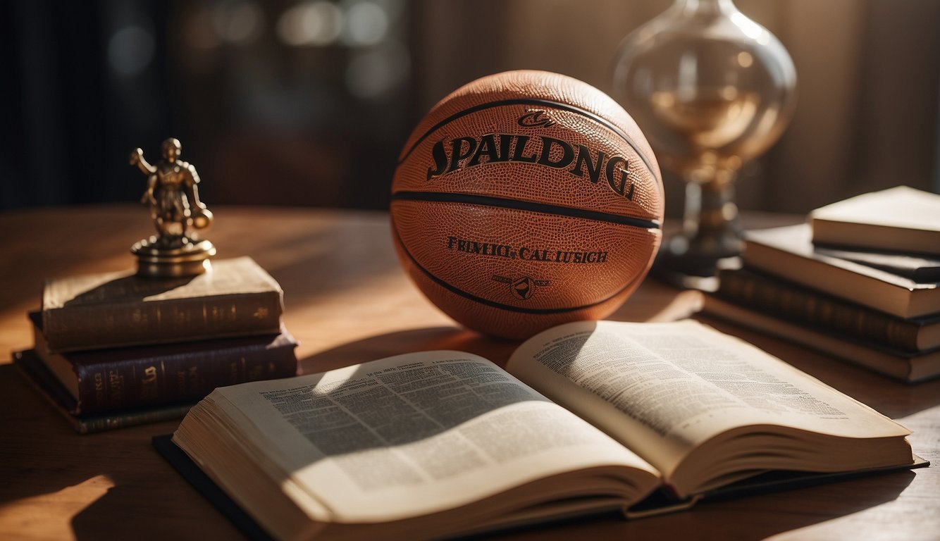 A basketball and a French dictionary on a table