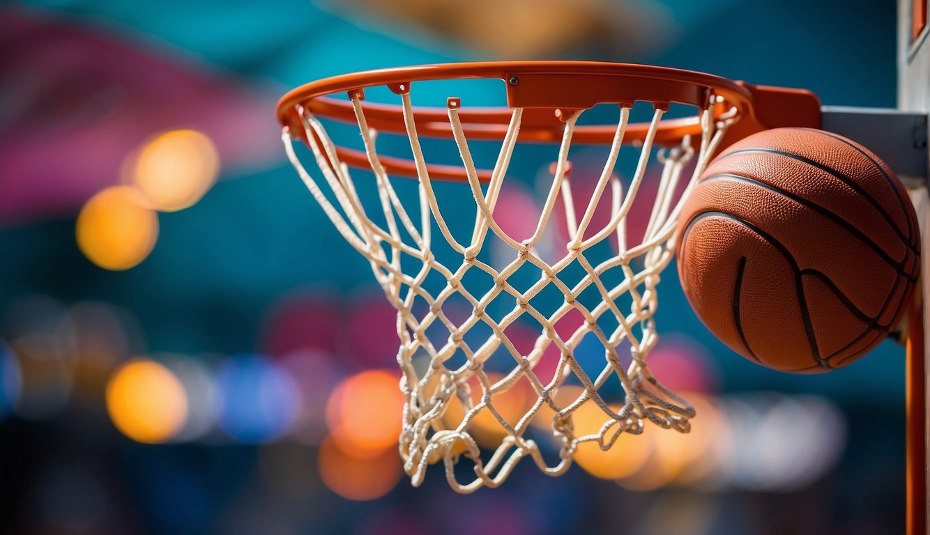 A basketball hoop with a basketball next to it, surrounded by vibrant colors and French text indicating "le basketball" in a bold, dynamic font