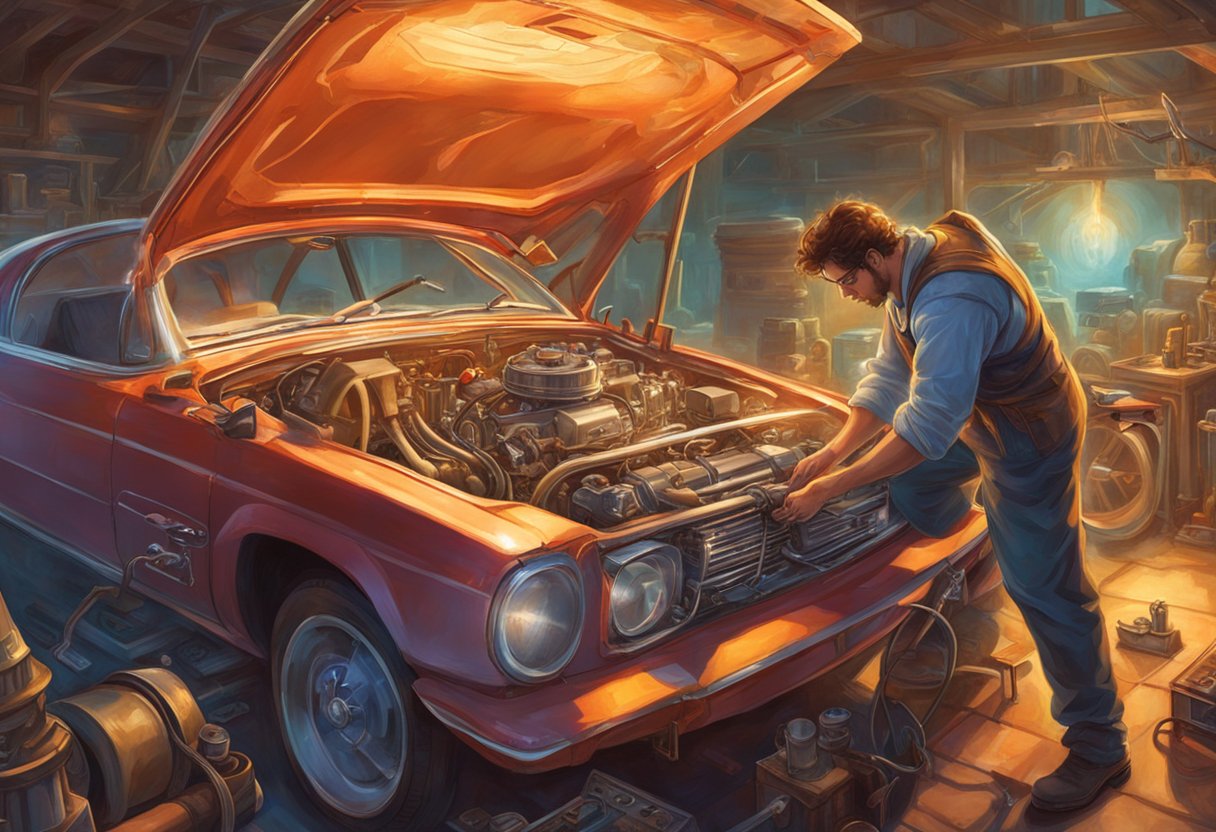 A mechanic diagnosing and fixing a cylinder deactivation system issue in a car engine. Tools and diagnostic equipment scattered around the engine bay