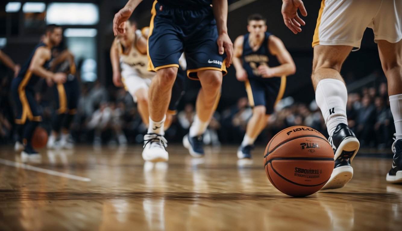 Players dribble, shoot and defend on a basketball court