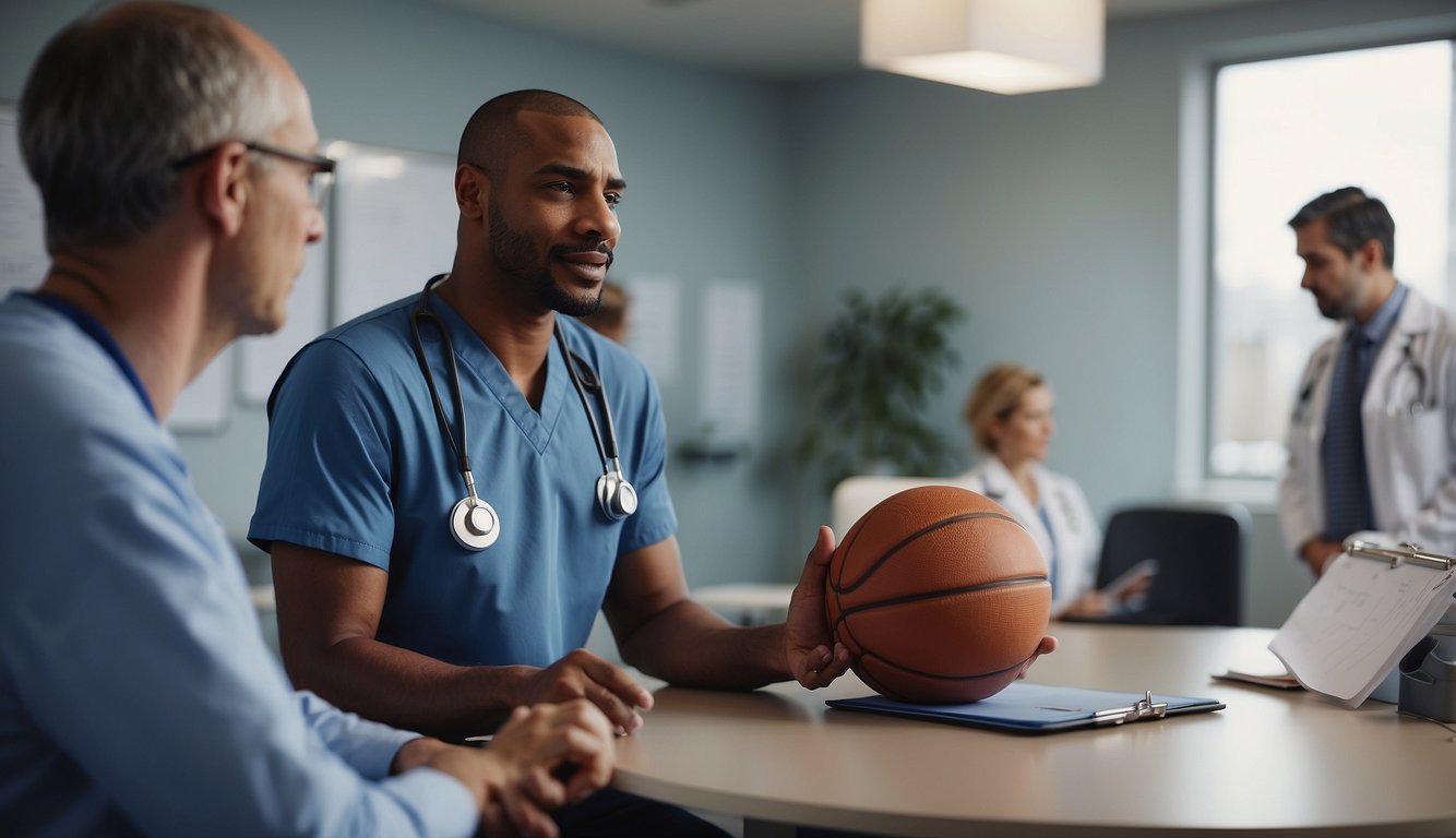 A basketball player standing in a doctor's office, holding a clipboard and talking to a physician