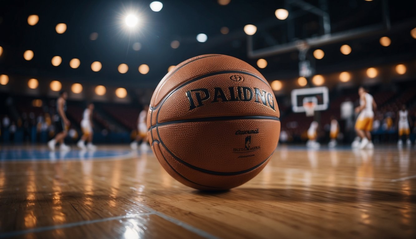 A basketball court with hoops, a bouncing basketball, and players in motion