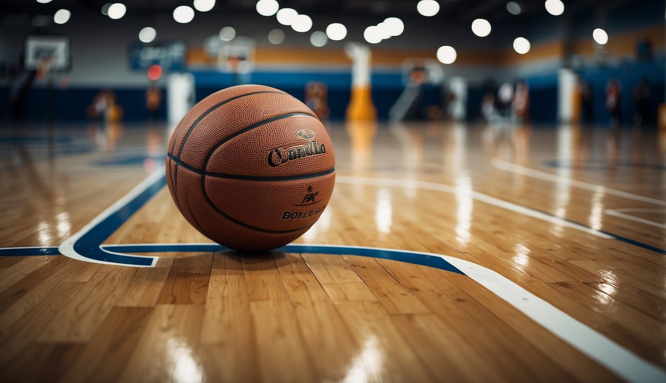 A basketball court with a hoop, ball, and marked lines. A player dribbling, passing, and shooting