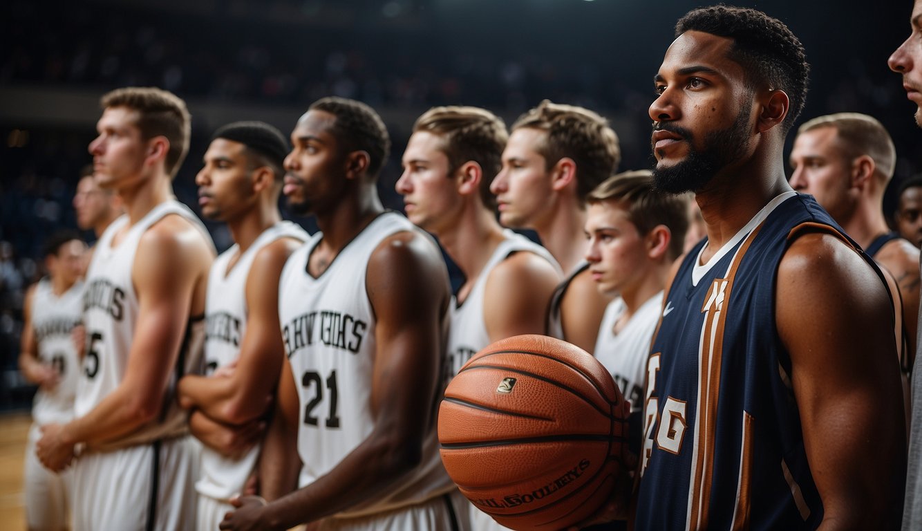 Players waiting in line for a basketball physical, showing anticipation and nervousness. The atmosphere is tense, with a mix of excitement and anxiety